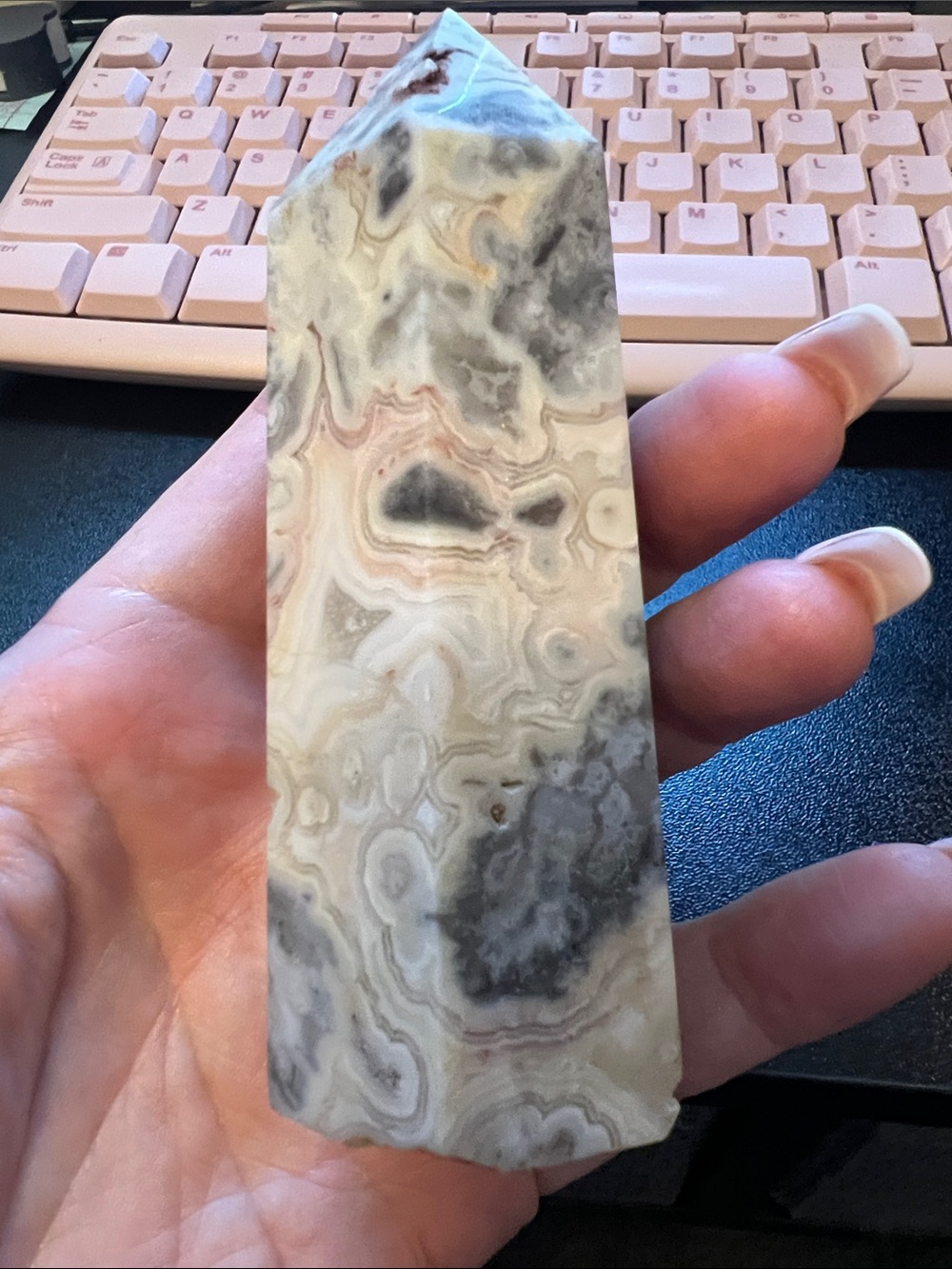 Polished Agate Crystal Point Tower - Cream, Gray & Pink Tones